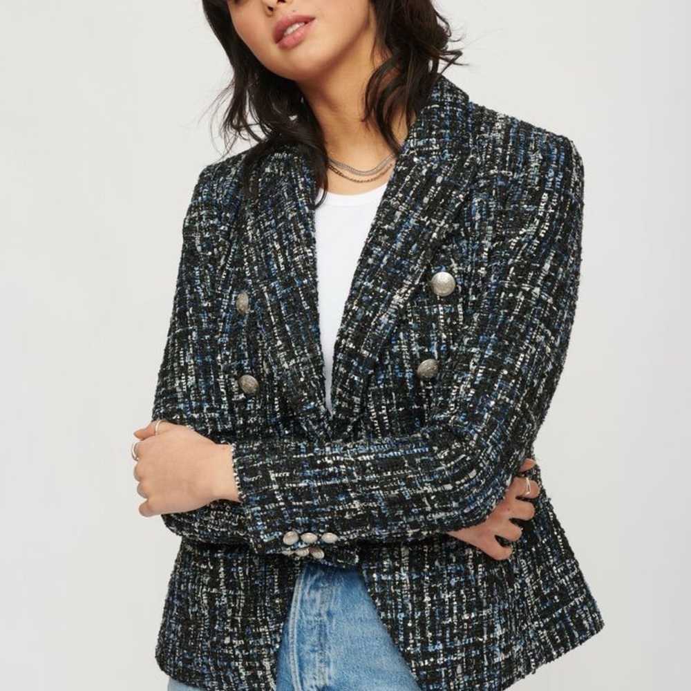 Dynamite Black & Blue Sparkly Tweed Double-Breasted Blazer